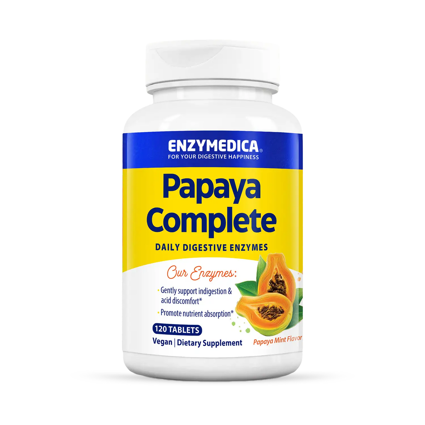 A bottle of Enzymedica Papaya Complete daily digestive enzymes dietary supplement with a yellow and blue label, featuring an image of papaya slices.