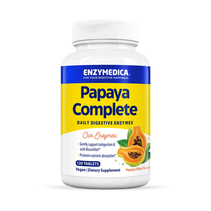 A bottle of Enzymedica Papaya Complete daily digestive enzymes dietary supplement with a yellow and blue label, featuring an image of papaya slices.