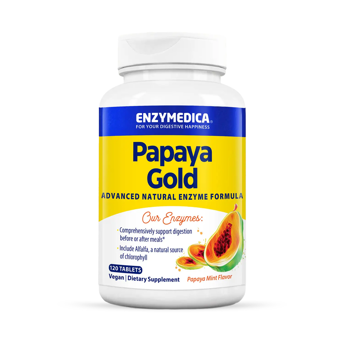 A bottle of Enzymedica Papaya Gold Advanced Natural Enzyme Formula dietary supplement, with a predominantly yellow label and a picture of a papaya on the front.