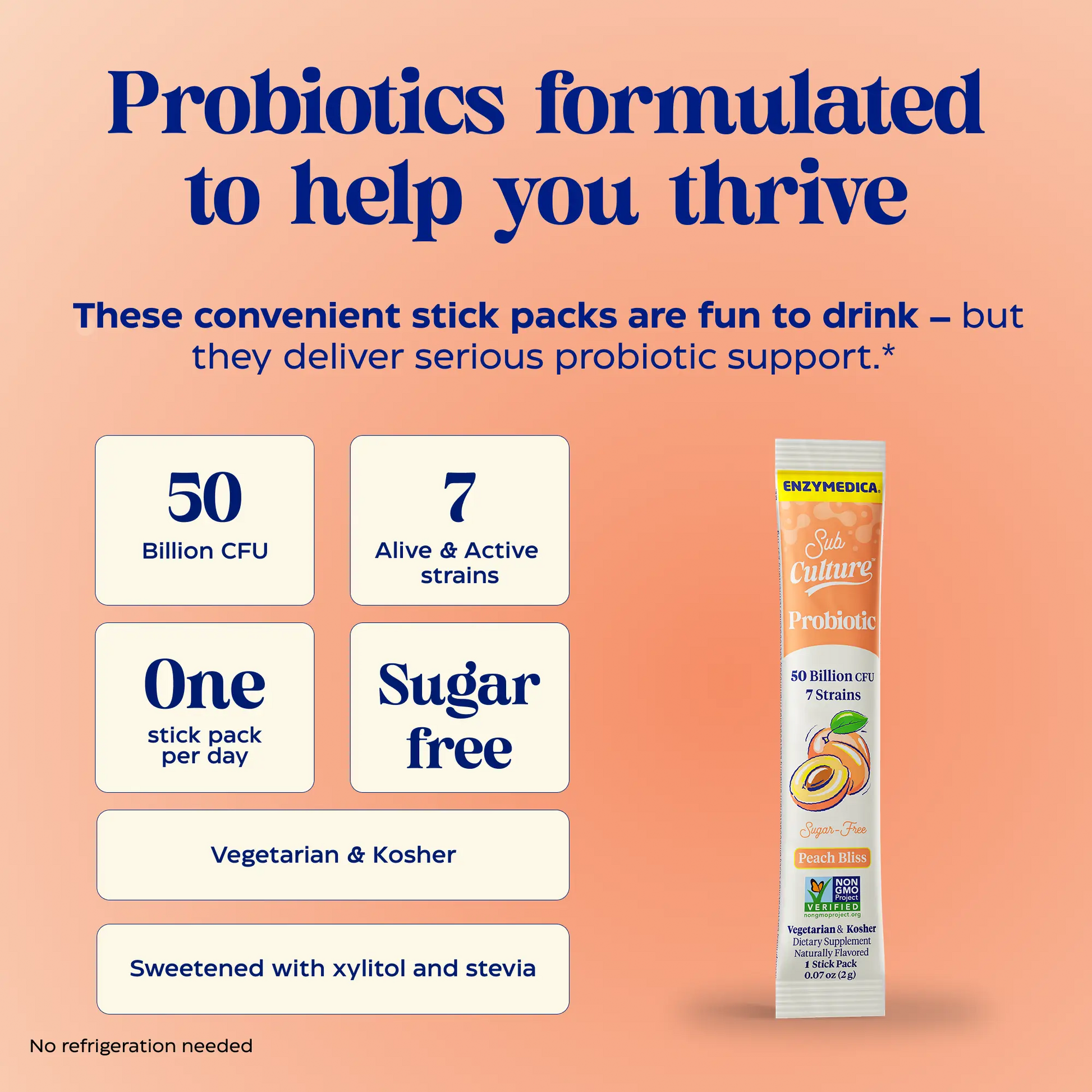 Probiotic stick pack with text highlighting benefits on a peach background