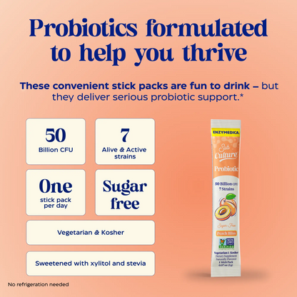 Probiotic stick pack with text highlighting benefits on a peach background