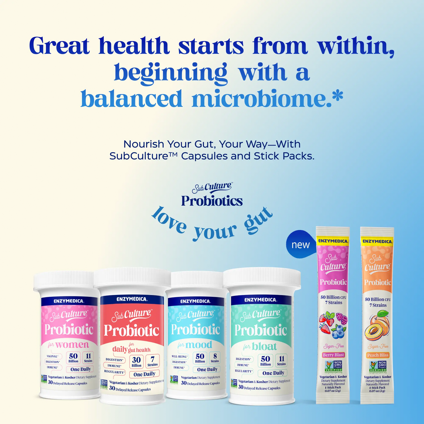 SubCulture Probiotics products on a light blue background with promotional text.