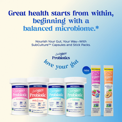 SubCulture Probiotics products on a light blue background with promotional text.