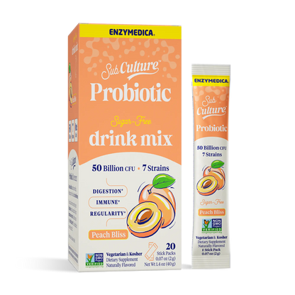 Enzymedica Sub Culture Probiotic drink mix packaging with peach flavor on a white background