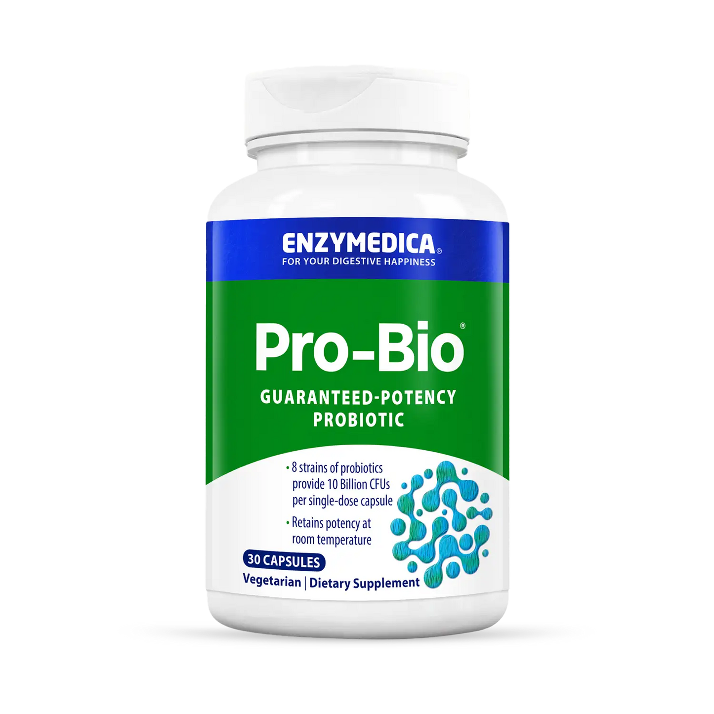 A bottle of Enzymedica Pro-Bio, a guaranteed potency probiotic supplement.