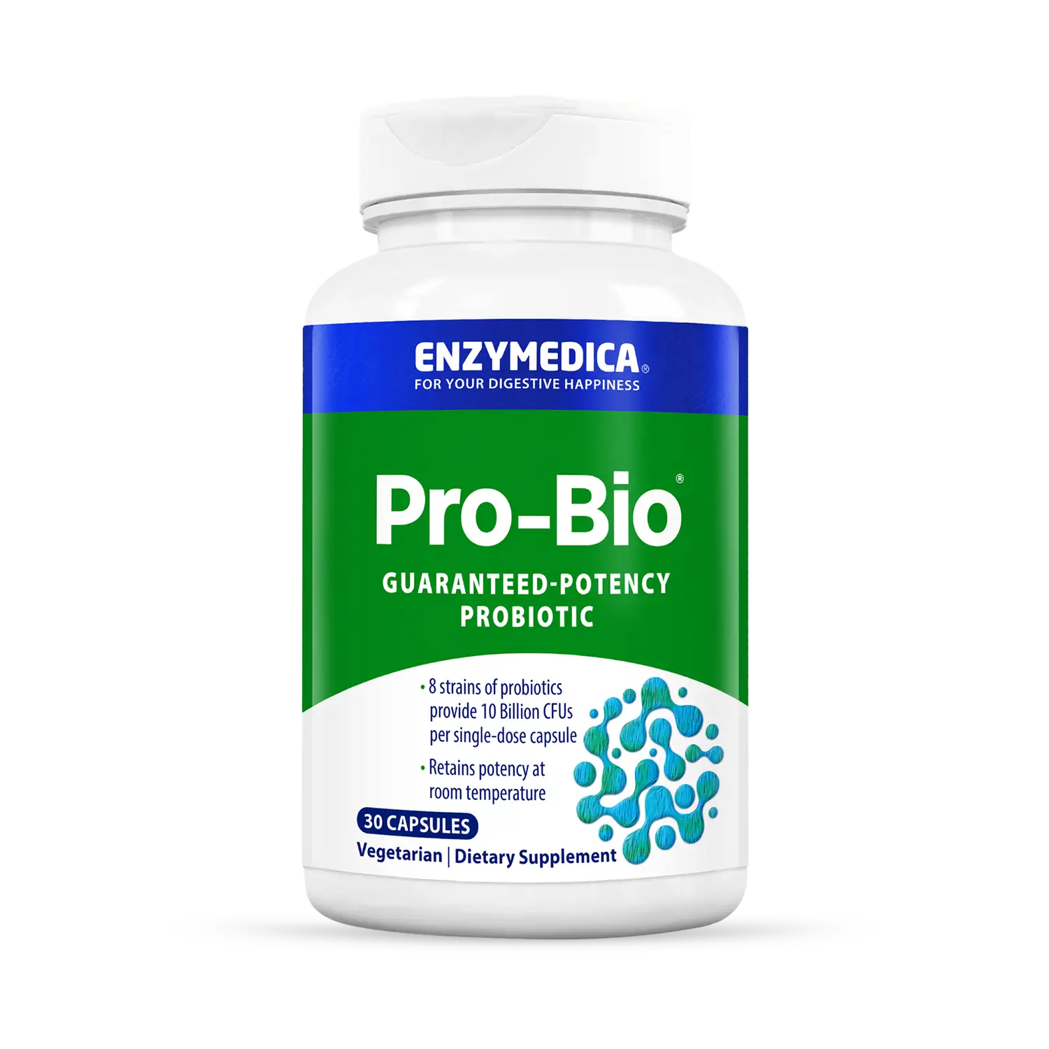 A bottle of Enzymedica Pro-Bio, a guaranteed potency probiotic supplement.