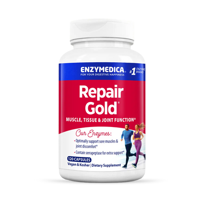 A bottle of Enzymedica Repair Gold, a dietary supplement for muscle, tissue, and joint function.