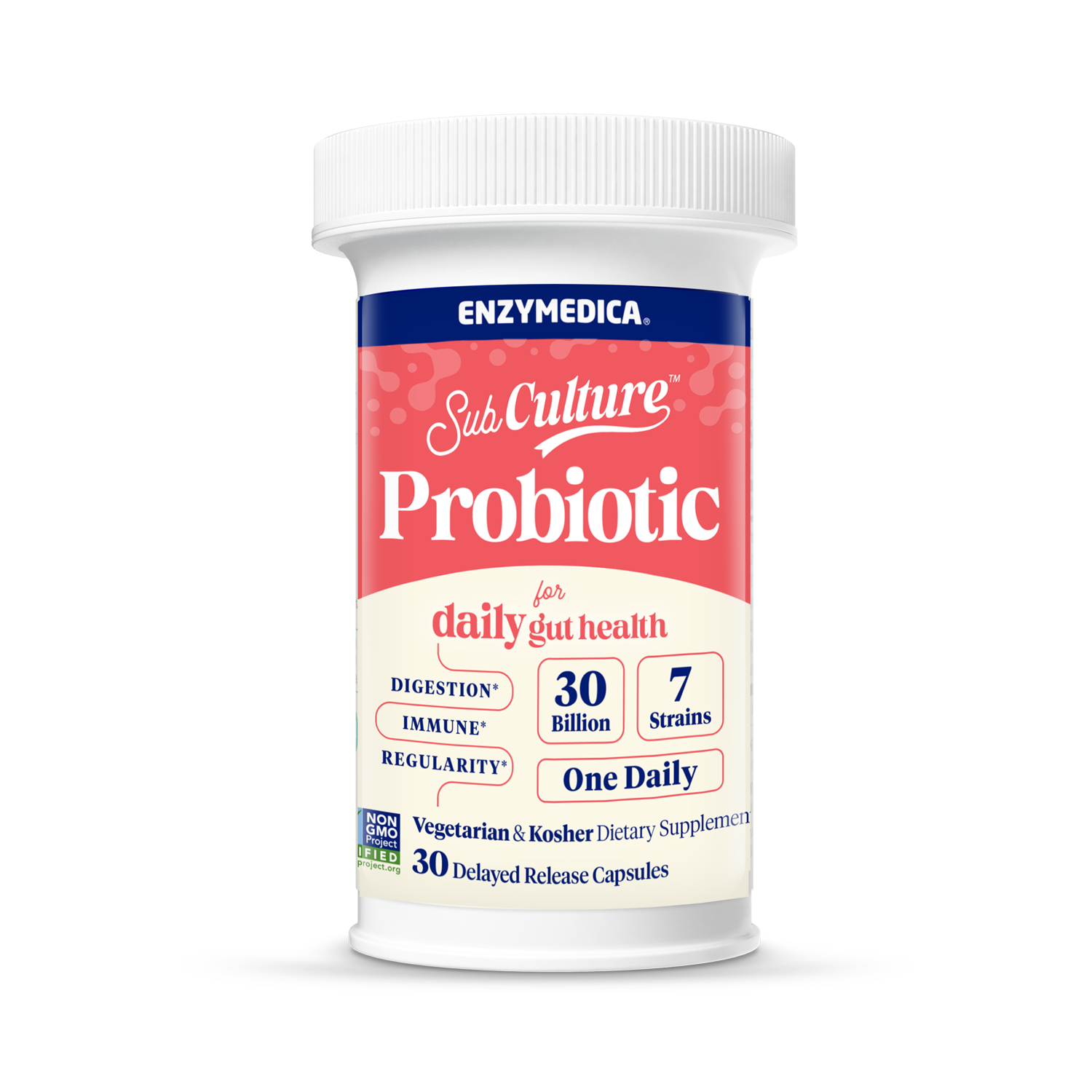 Enzymedica Probiotic supplement container on a white background subculture probiotic for daily gut health that holds 30 delayed release capsules