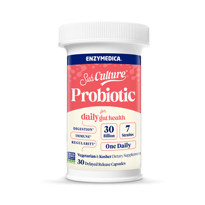 Enzymedica Probiotic supplement container on a white background subculture probiotic for daily gut health that holds 30 delayed release capsules