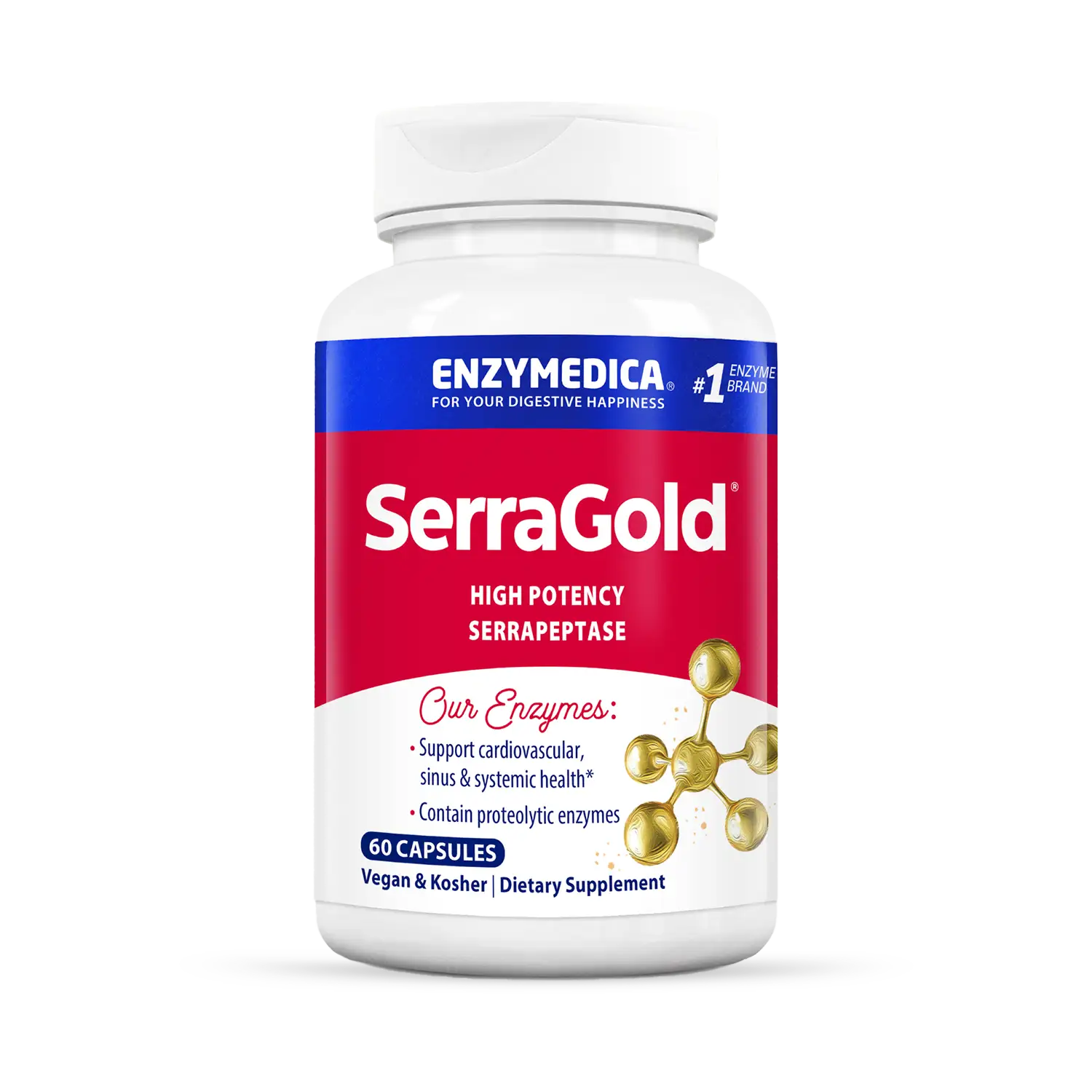 A bottle of Enzymedica SerraGold high potency serrapeptase capsules.