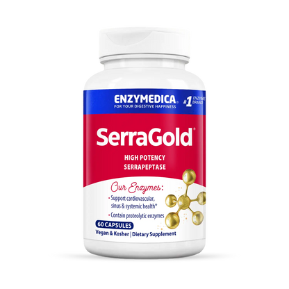 A bottle of Enzymedica SerraGold high potency serrapeptase capsules.