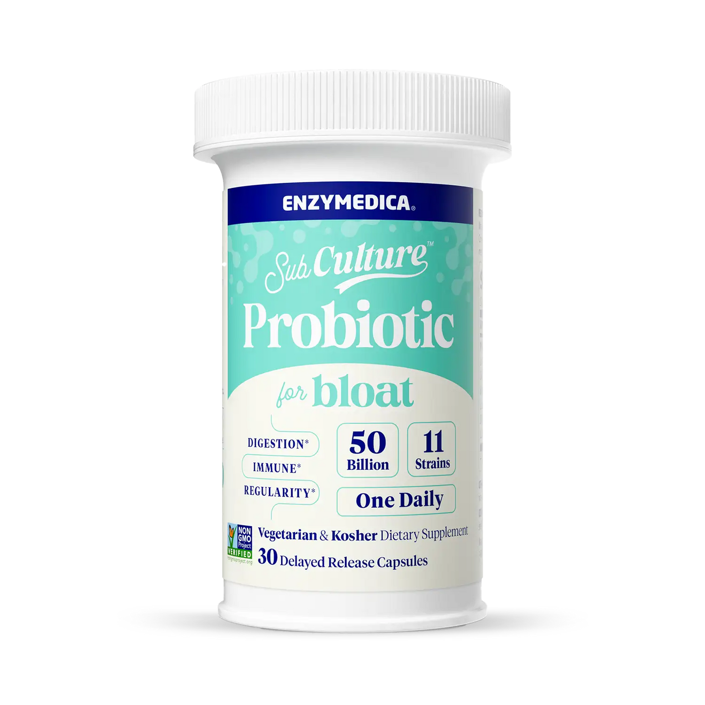 A bottle of Subculture Probiotic for Bloat by Enzymedica, with blue and white label, containing 30 delayed-release capsules.
