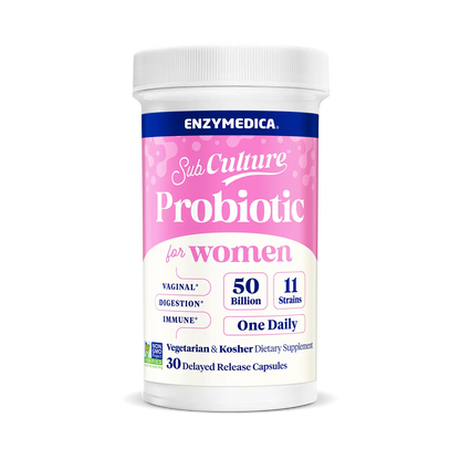 A bottle of Enzymedica Sub Culture Probiotic for Women with pink and blue label, indicating 50 billion CFU, 11 strains, and one daily dosage.