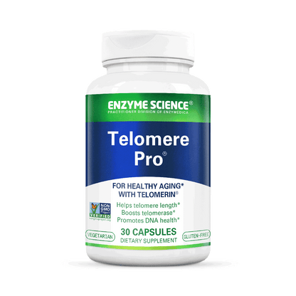 A bottle of Telomere Pro dietary supplement by Enzyme Science, with 30 capsules, designed for healthy aging.