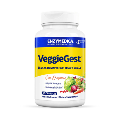 A bottle of VeggieGest dietary supplement by Enzymedica, with a label showing various fruits and vegetables indicating its use for breaking down vegetable-heavy meals.