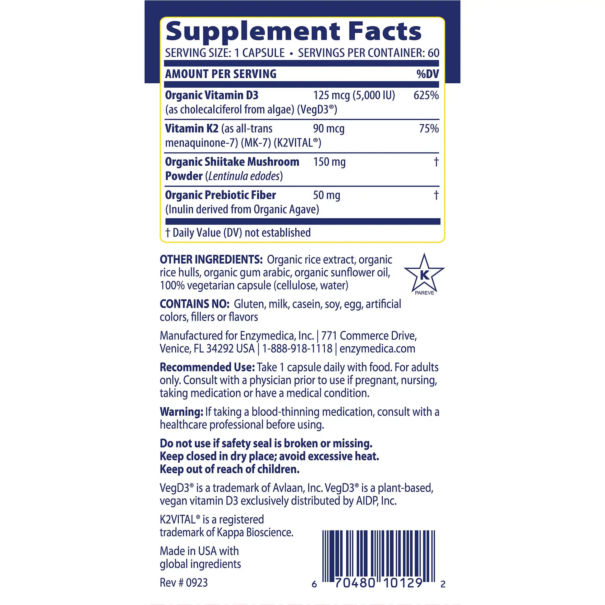 Supplement facts panel for Vitamin D3+K2