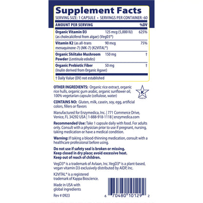 Supplement facts panel for Vitamin D3+K2