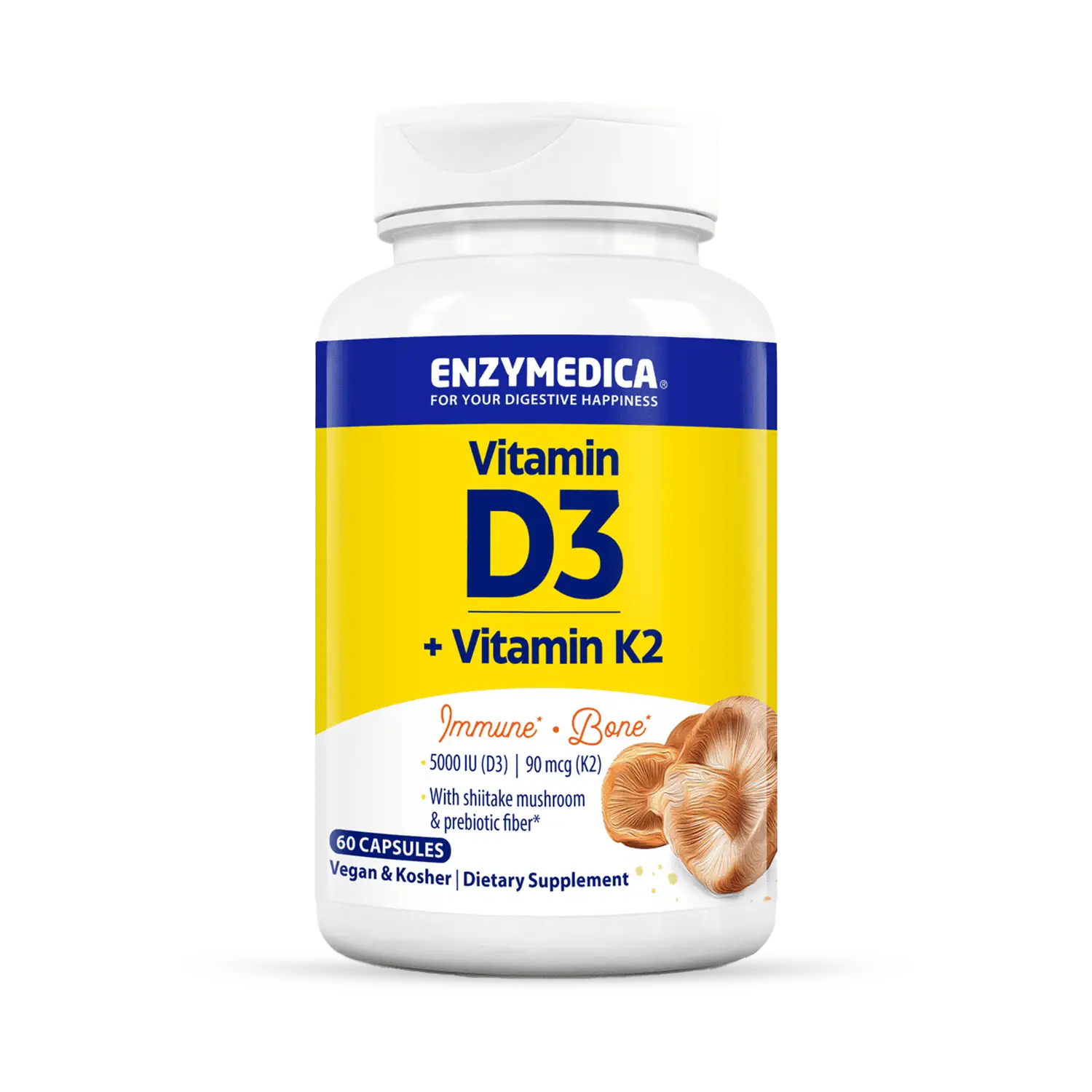 A bottle of Enzymedica Vitamin D3 + Vitamin K2 dietary supplement with 5000 IU of Vitamin D3 and 90 mcg of Vitamin K2 MK-7, plant-derived and soy-free, with 60 capsules inside.