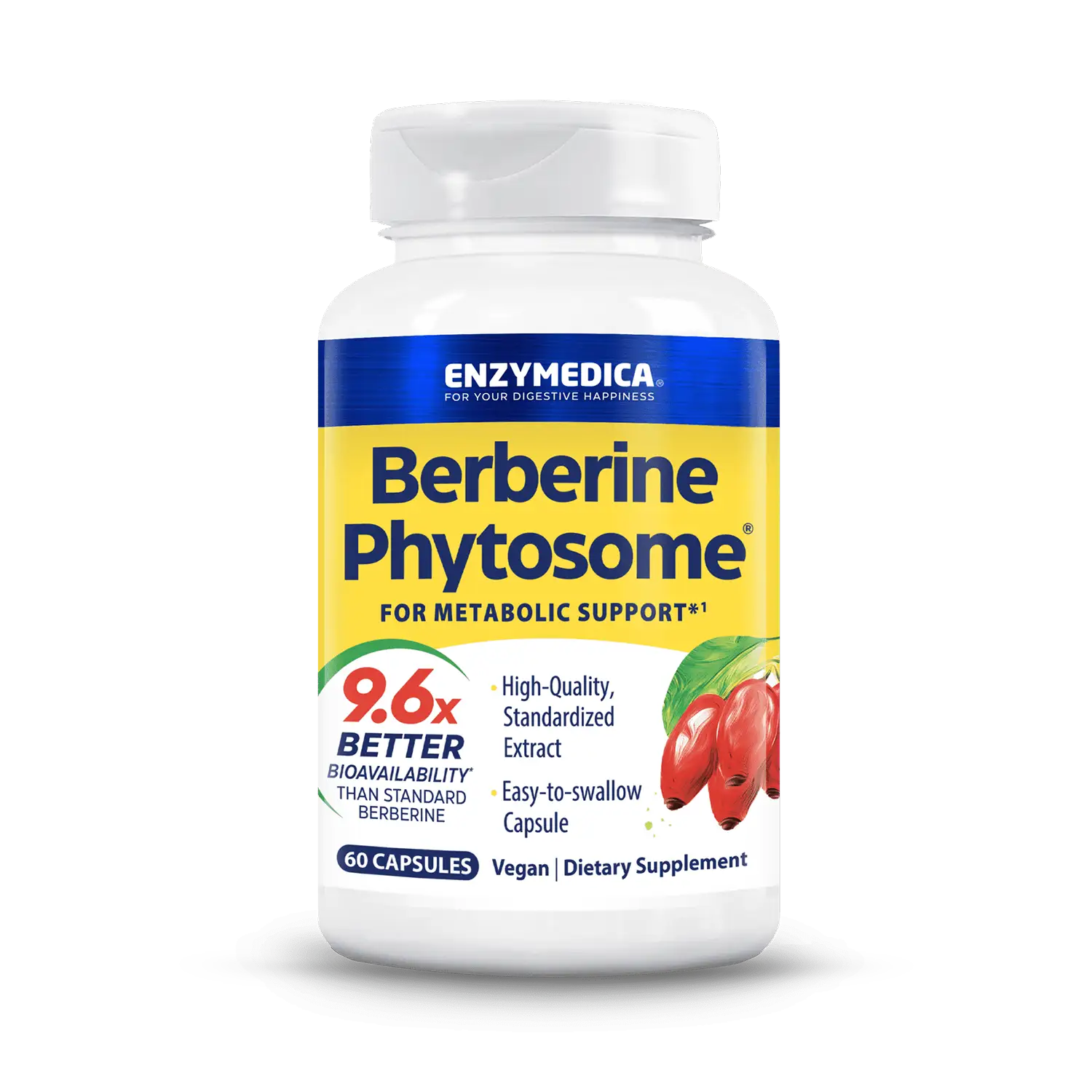 A bottle of Enzymedica Berberine Phytosome, with branding and indications of its use for metabolic support and improved absorption.