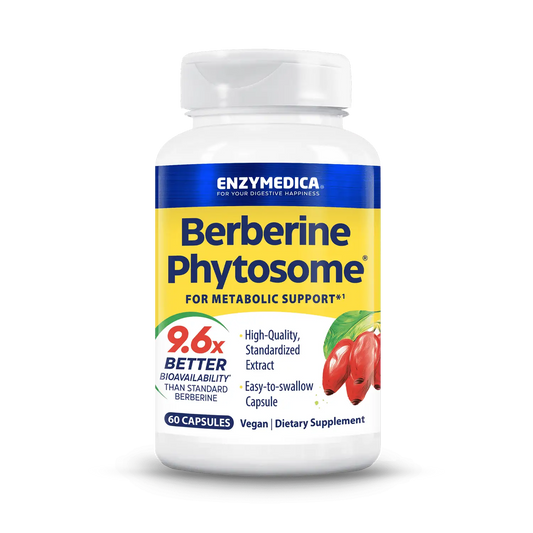 A bottle of Enzymedica Berberine Phytosome, with branding and indications of its use for metabolic support and improved absorption.
