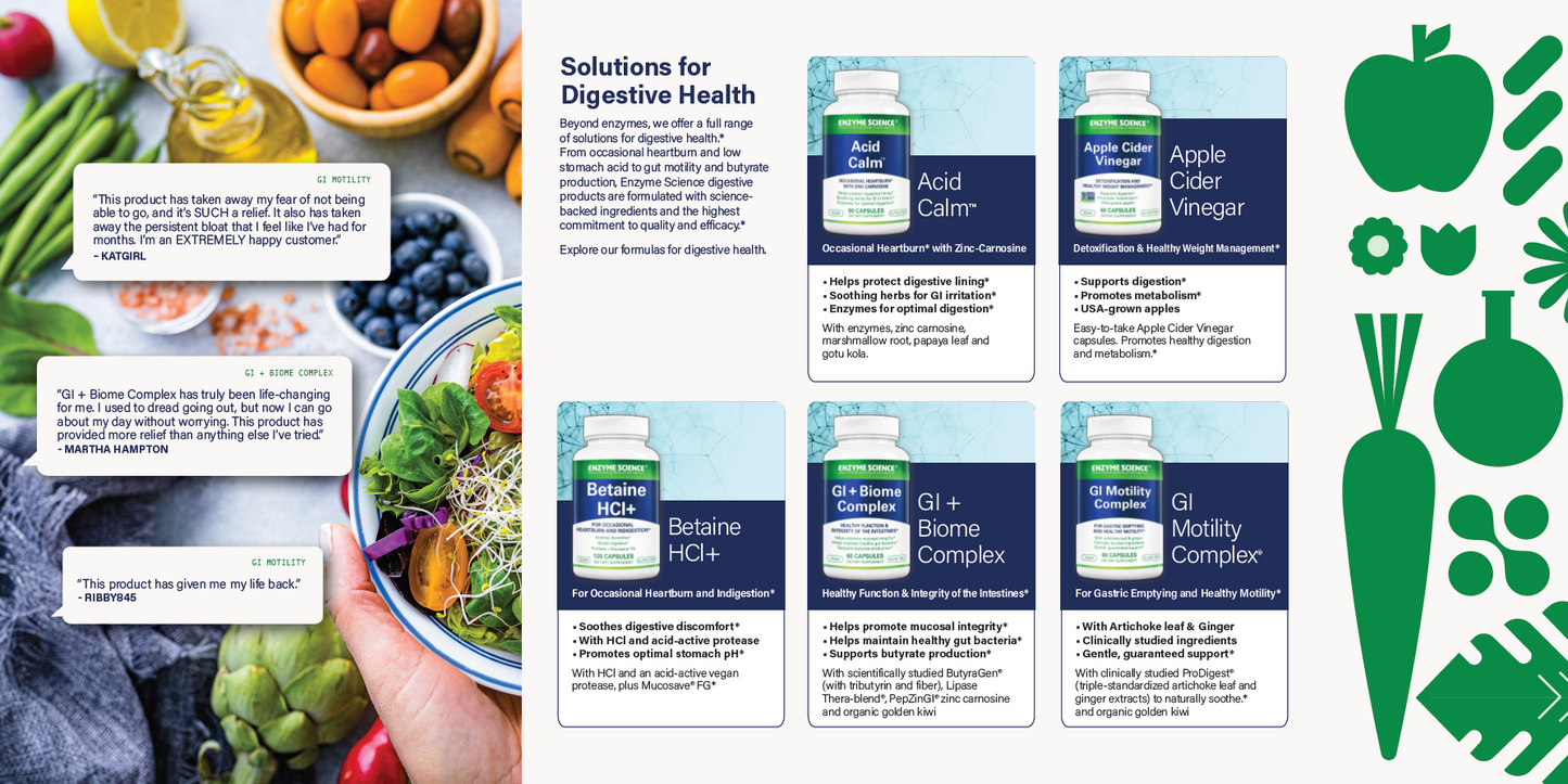 Product packaging and health-related images on a leafy green background