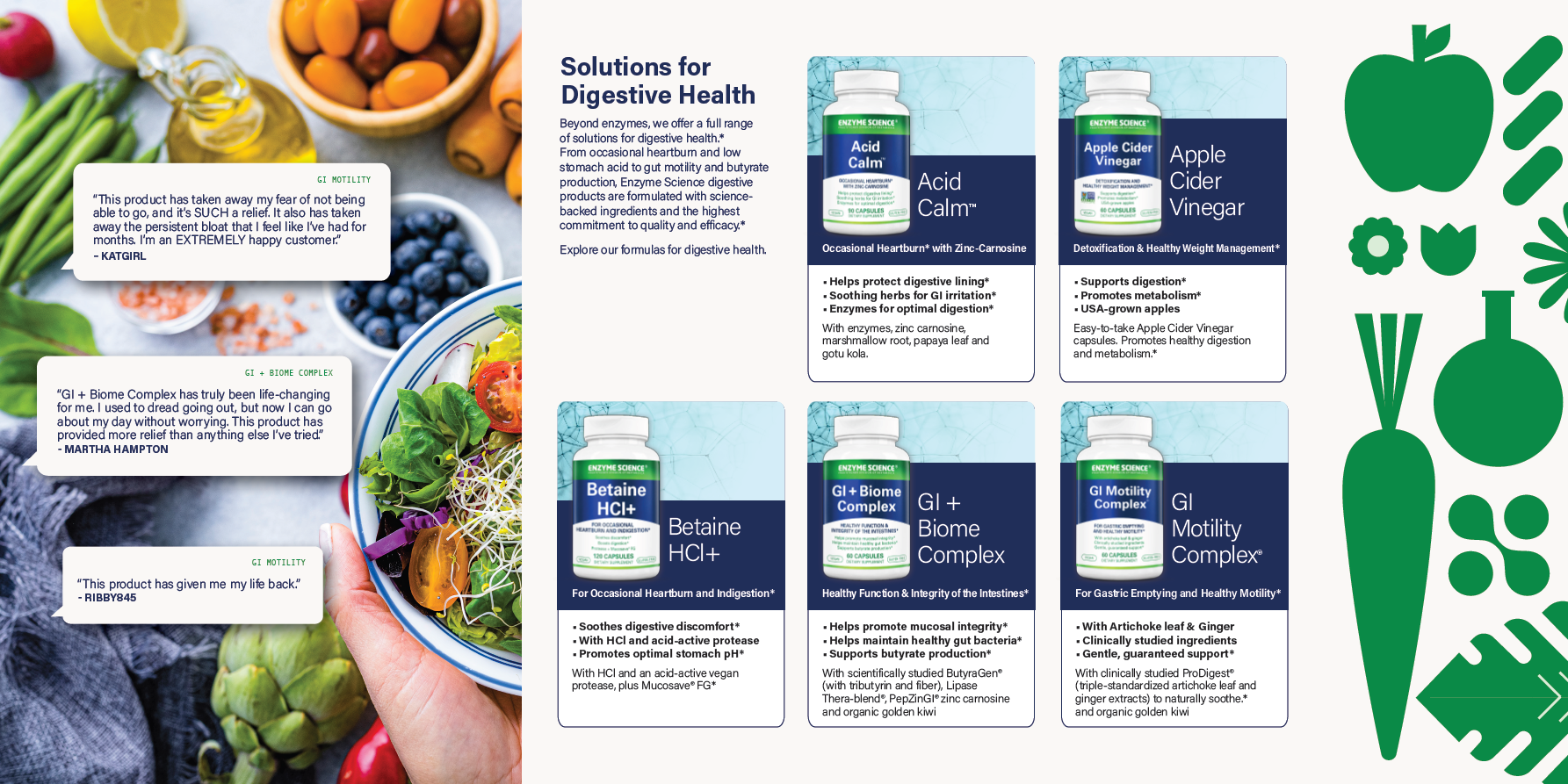 Product packaging and health-related images on a leafy green background