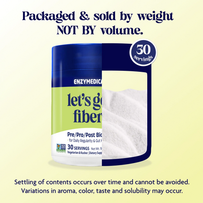 Enzymedica fiber supplement container with text about packaging and product details.