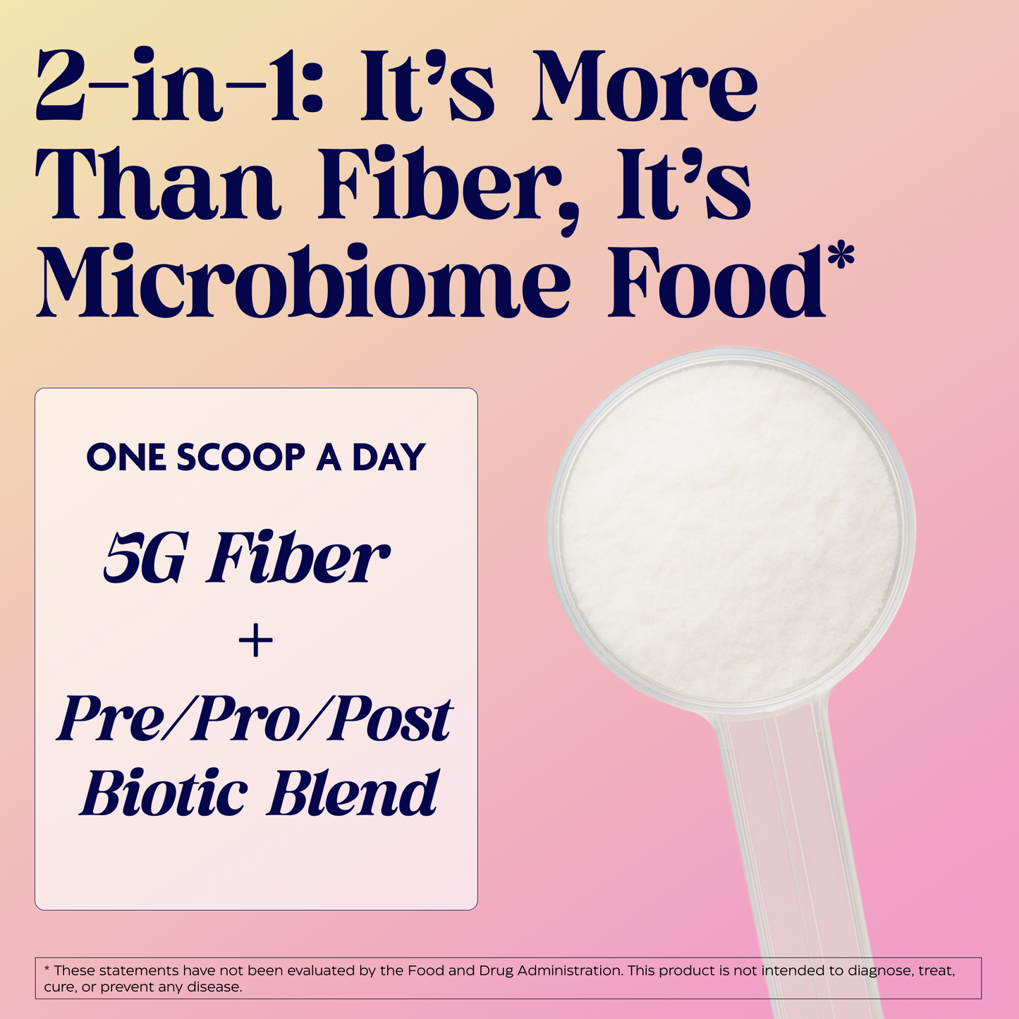 Spoon with fiber supplement and promotional text on a pink background