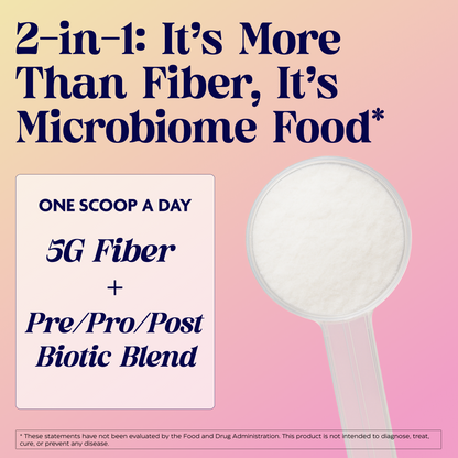 Spoon with fiber supplement and promotional text on a pink background