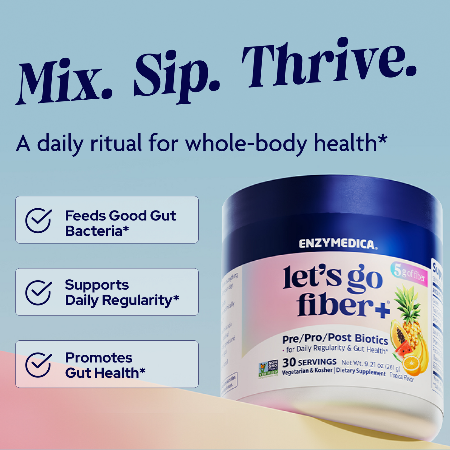 Enzymedica 'let's go fiber+' supplement container with promotional text on a gradient background