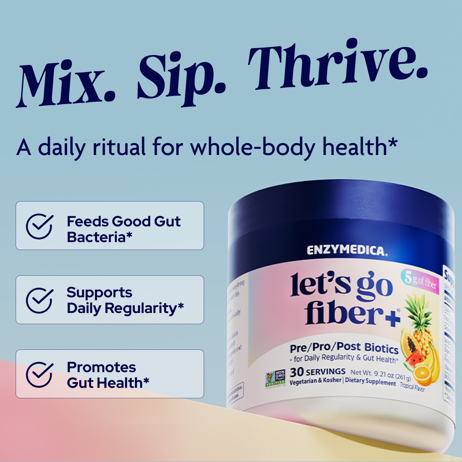 Enzymedica 'let's go fiber+' supplement container with promotional text on a gradient background