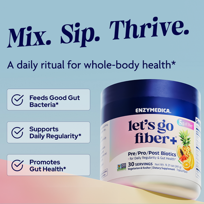 Enzymedica 'let's go fiber+' supplement container with promotional text on a gradient background