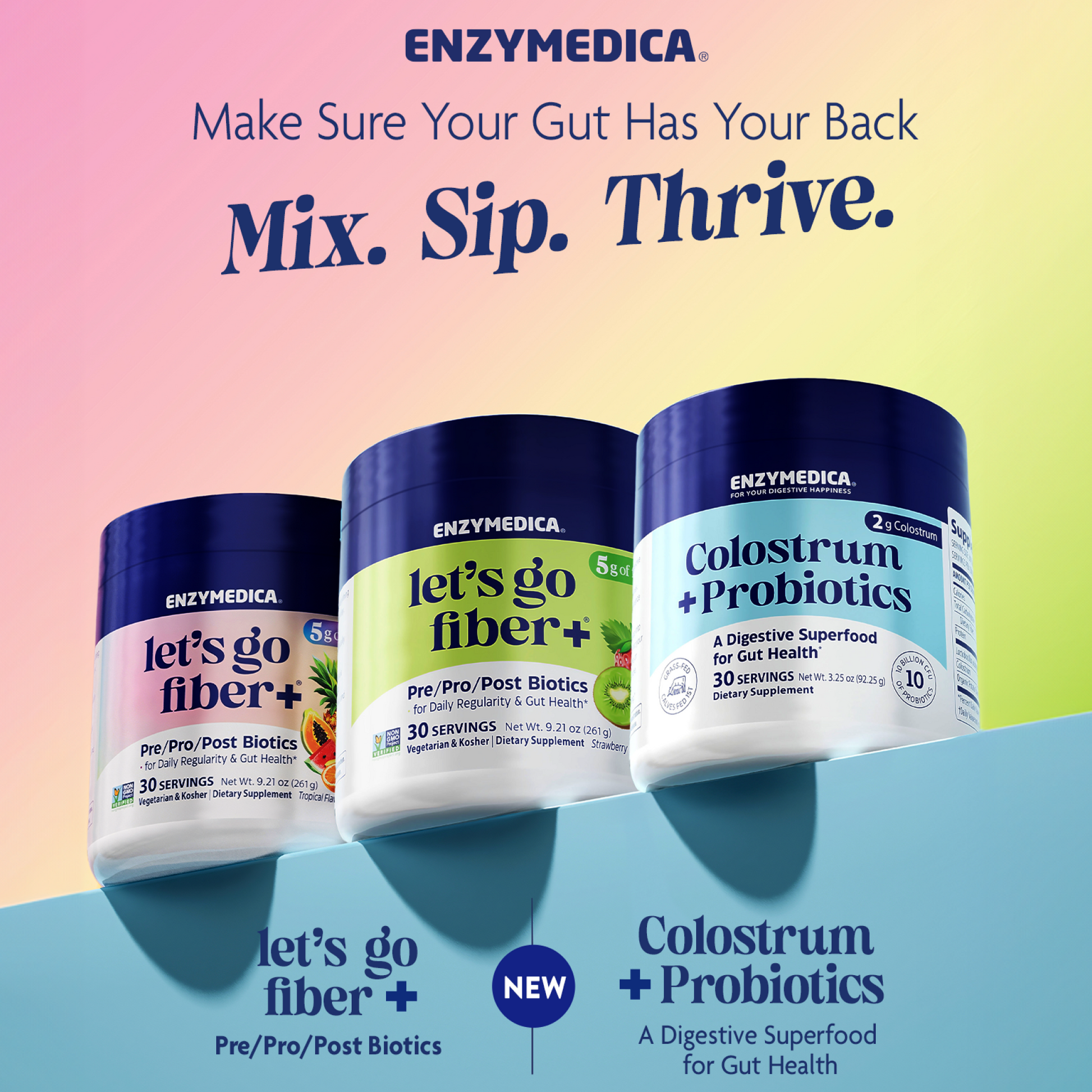 Enzymedica gut health products with a colorful gradient background