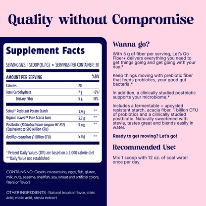 Supplement facts label with a pink and blue color scheme on a white background for lets go fiber tropical