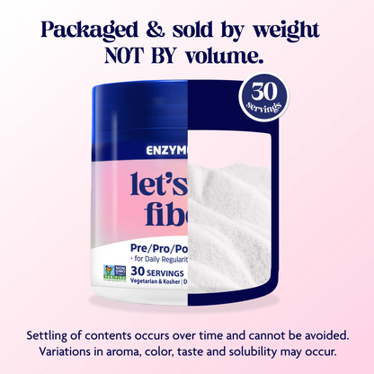 Jar of 'let's fiber' product with text about packaging and contents on a white background