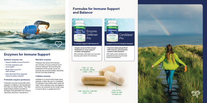 Brochure page with images of a person running, supplements, and a woman walking in a field with a rainbow.