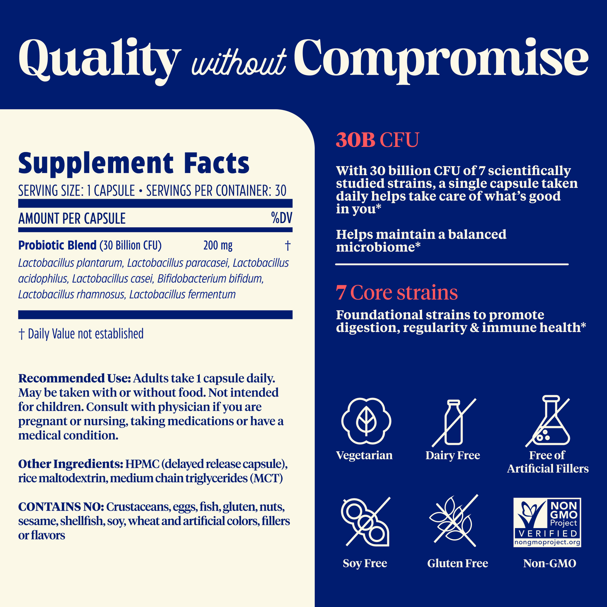 Supplement label with 'Quality without Compromise' text on a blue background