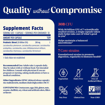 Supplement label with 'Quality without Compromise' text on a blue background