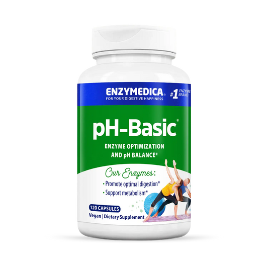 A bottle of Enzymedica pH-Basic dietary supplement with 120 capsules, labeled for enzyme optimization and pH balance.