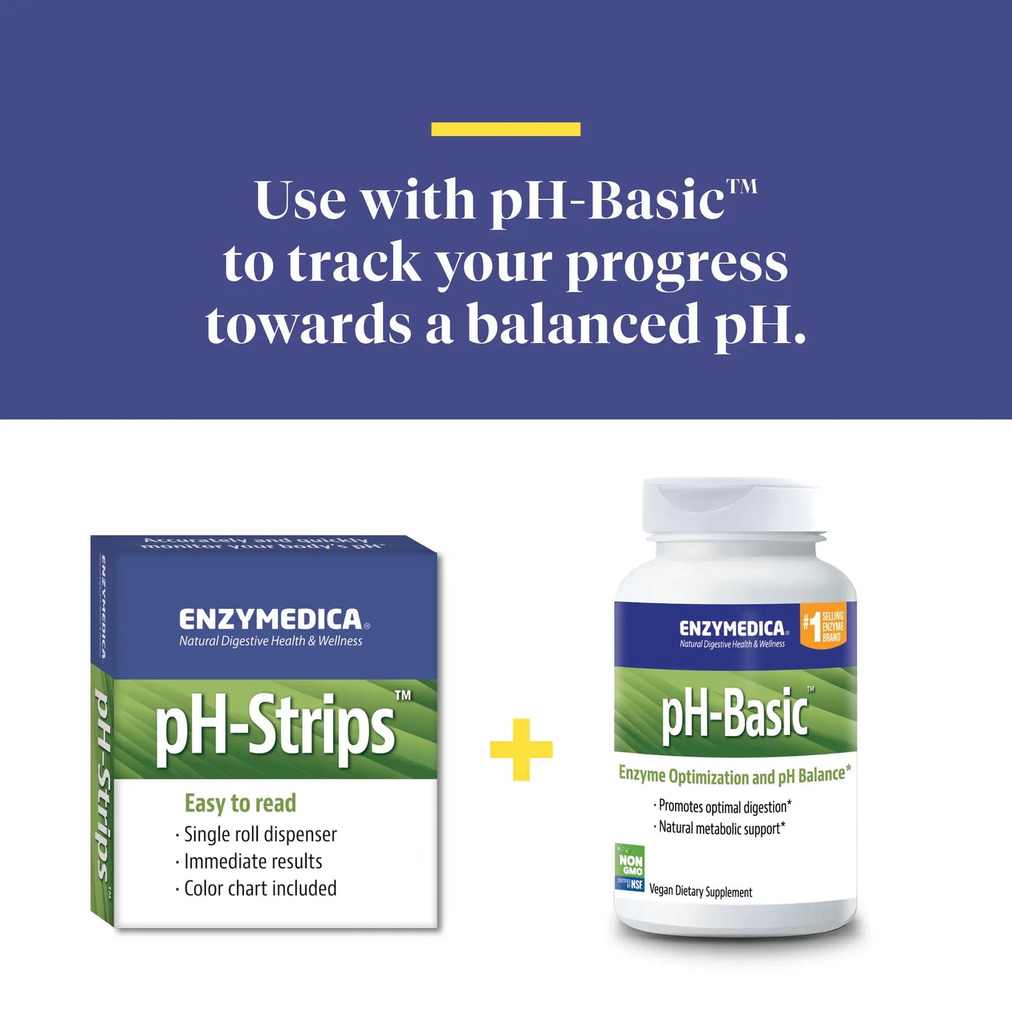 Advertisement for pH strips and basic, track your progress towards a balanced pH