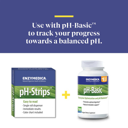Advertisement for pH strips and basic, track your progress towards a balanced pH