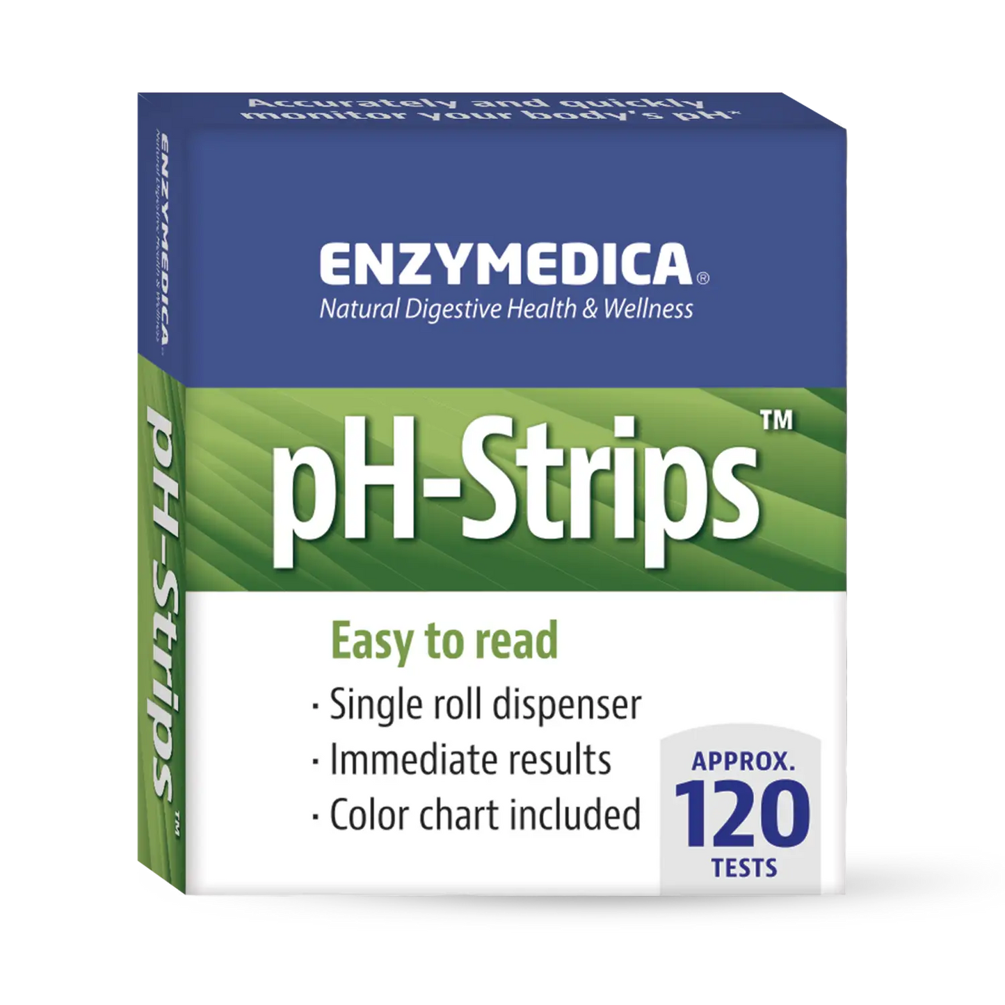 Box of Enzymedica pH-Strips with details about the product being easy to read, having a single roll dispenser, providing immediate results, and including a color chart with 120 tests.