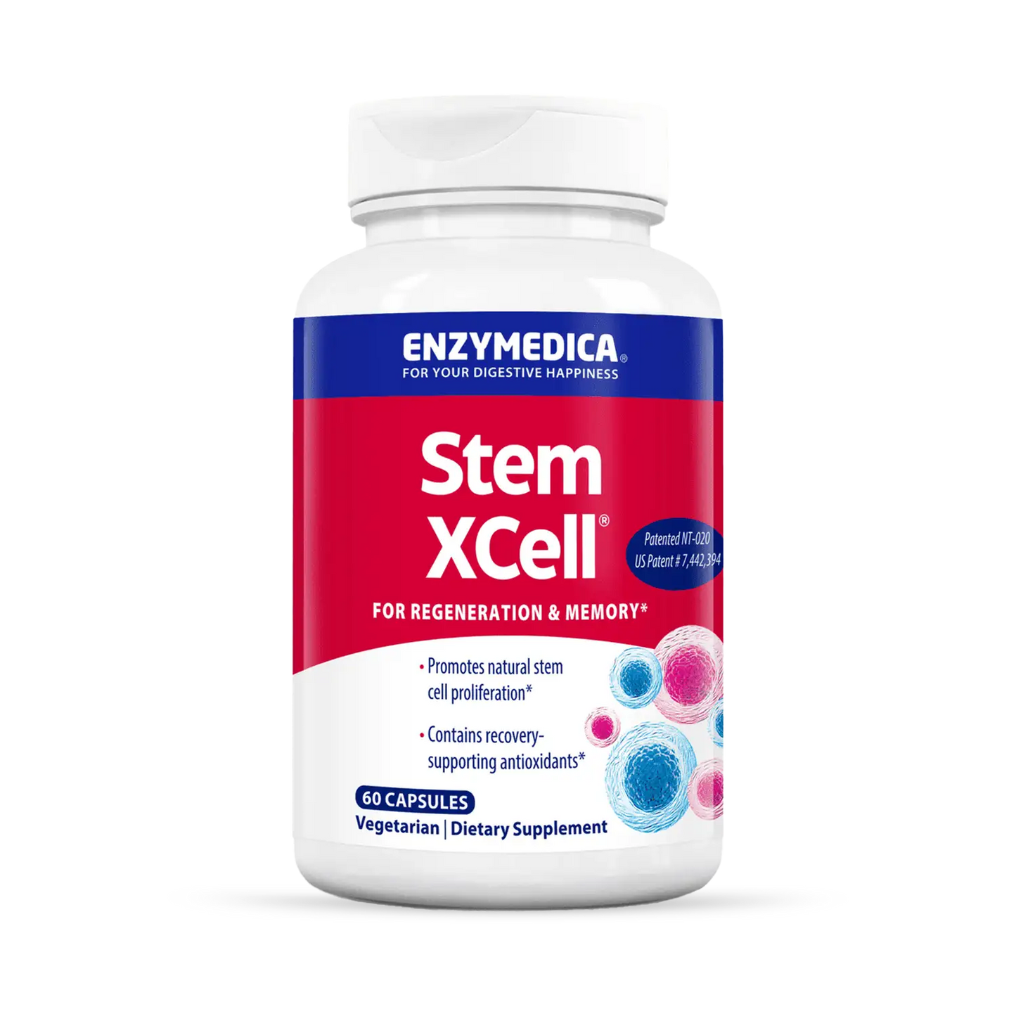 A bottle of Enzymedica Stem XCell dietary supplement, which is labeled as containing 60 capsules for regeneration and memory support.