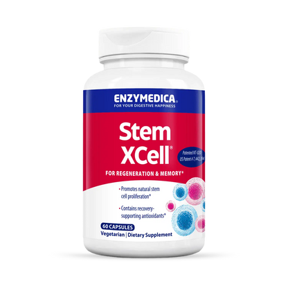 A bottle of Enzymedica Stem XCell dietary supplement, which is labeled as containing 60 capsules for regeneration and memory support.
