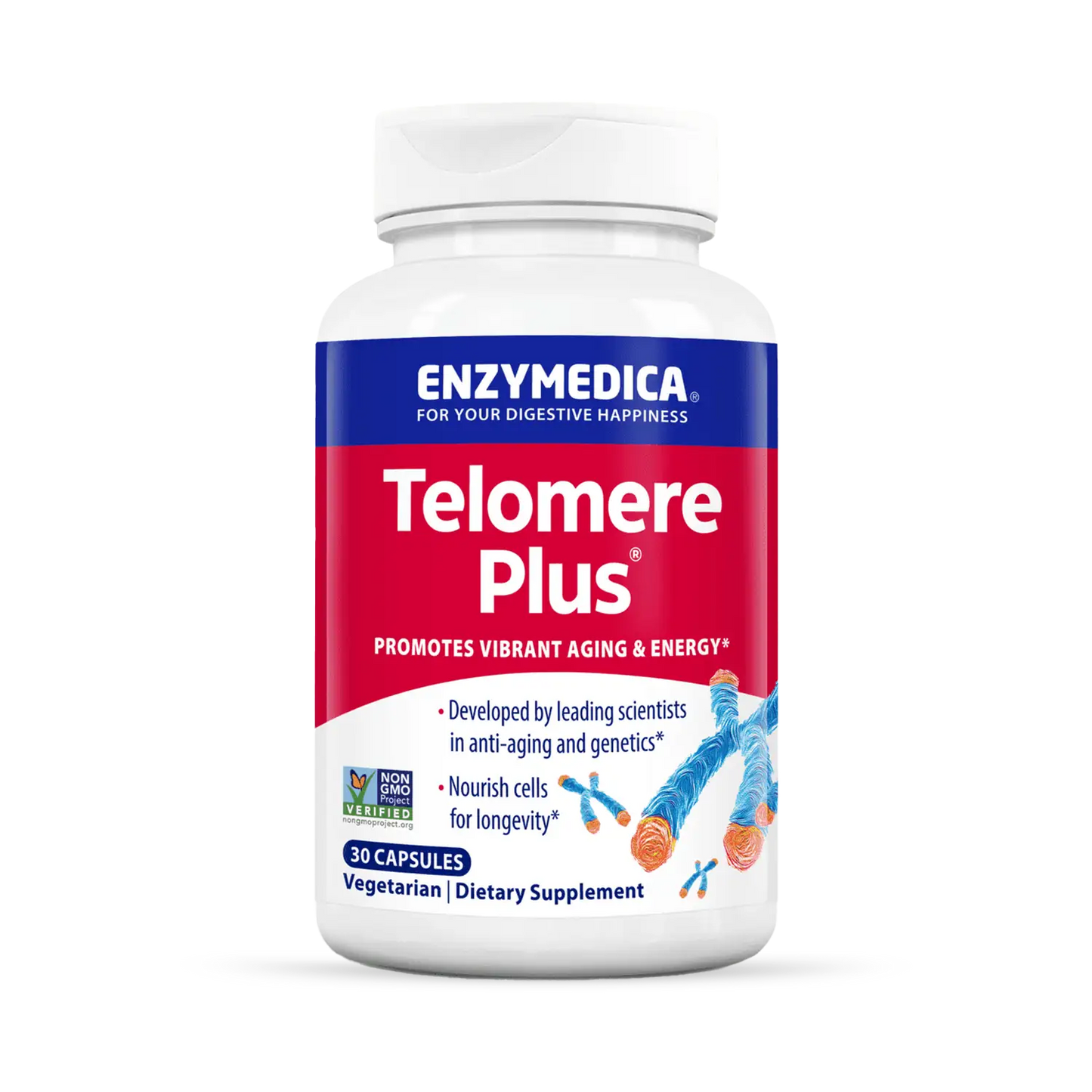 A bottle of Enzymedica Telomere Plus dietary supplement with red and blue label, containing 60 capsules, promoting vibrant aging and energy.