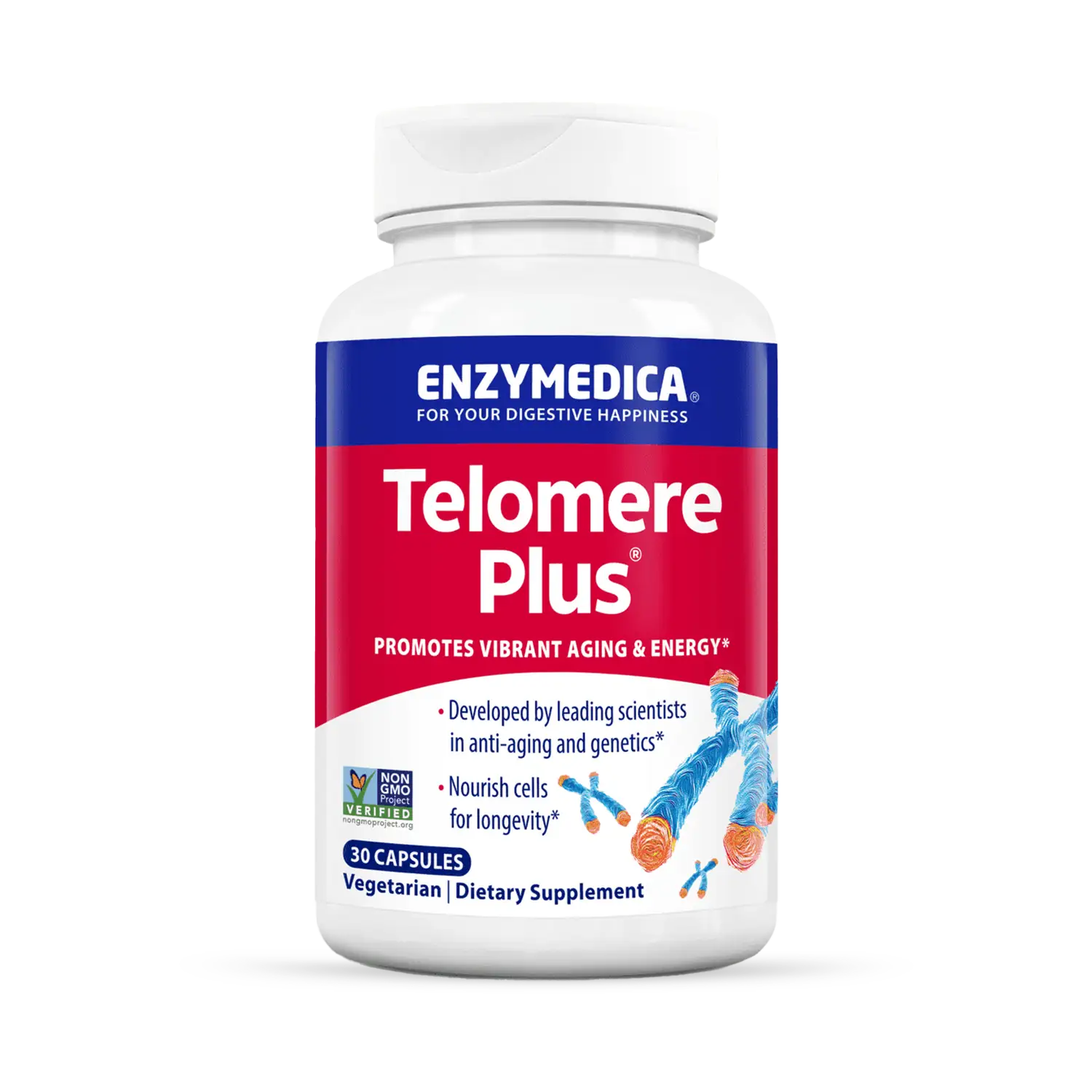 A bottle of Enzymedica Telomere Plus dietary supplement with red and blue label, containing 60 capsules, promoting vibrant aging and energy.