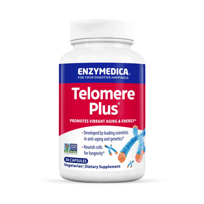 A bottle of Enzymedica Telomere Plus dietary supplement with red and blue label, containing 60 capsules, promoting vibrant aging and energy.