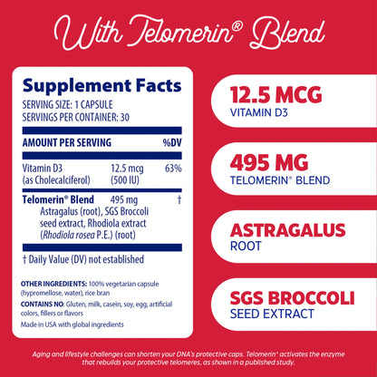 Supplement Facts panel with telomerin blend for telomere plus